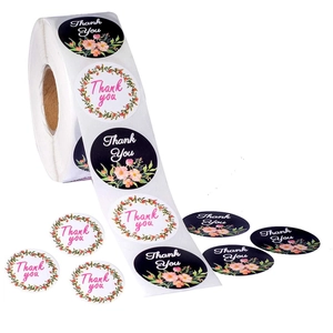 Thank You Stickers Roll Floral Seal Labels For Gift Packaging Envelope Decoration Self-Adhesive Coated Paper Round Stickers