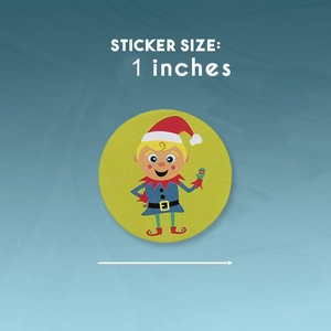 Detail view of 1 inch round Christmas elf sticker on a roll for holiday gift packaging