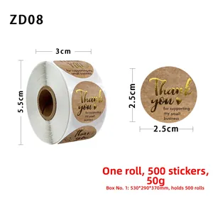 Detail of 1-inch kraft paper Thank You stickers with gold foil and heart patterns