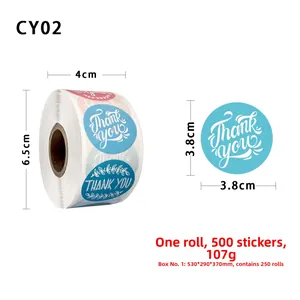 Detail of 3.8cm round Thank You stickers on roll with multi-color floral designs