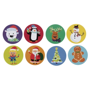 Set of 8 round Christmas cartoon stickers with Santa Claus, Snowman, and Reindeer patterns