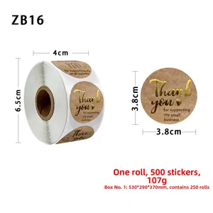 Detail view of 1.5 inch gold foil Thank You stickers on kraft paper roll for packaging