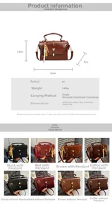 Detailed dimensions and color options for a vintage PU leather handbag with strap