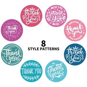 Set of 8 round floral thank you stickers in colorful artistic patterns for gift sealing