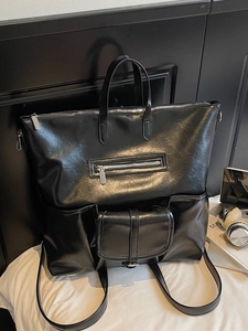 Grand sac à bandoulière noir en cuir PU pour femme avec multiples poches et poignée