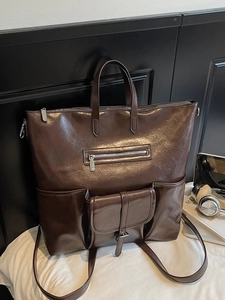Grand sac cabas marron foncé en cuir PU avec plusieurs poches pour bureau et voyage