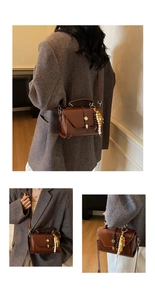 Collage of brown PU leather crossbody bag with wooden bead charm and shoulder strap