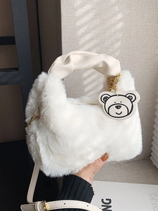 Sac Bandoulière en Peluche Fausse Fourrure pour Femmes Poignée Froncée Sac à Main Chaîne Avec Pendentif Ours Dessin Animé