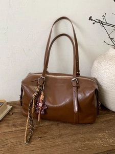 Retro Glossy PU Leather Boston Shoulder Bag For Women Vintage Oil Wax Handbag With Bear Pendant Crossbody Pillow Bag