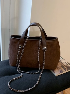 Vintage brown suede tote bag with chain strap and leather handles for women