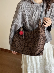 Retro large leopard print tote bag for women with red pompom charm and black leather straps