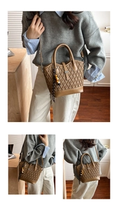 Three-way view of brown quilted tote bag showing handbag, shoulder, and crossbody styles
