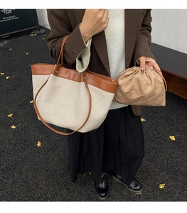 Canvas and brown leather patchwork tote bag with matching inner pouch for daily use