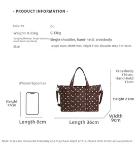 Brown polka dot tote bag dimensions and size comparison with iPhone 16 Pro Max