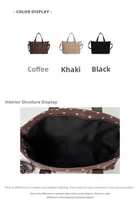 Detailed views of polka dot tote bag with interior lining and various color options