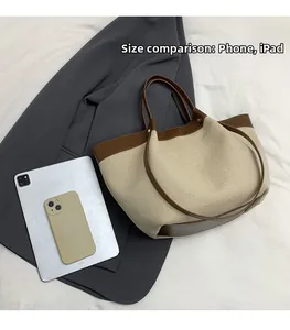 Canvas and leather tote bag size comparison with a phone and tablet computer