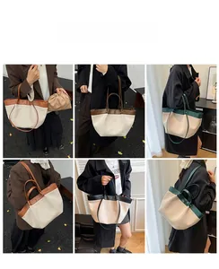 Canvas tote bag with leather trim shown on models in various stylish outfits