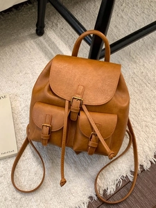 Vintage brauner PU-Leder Rucksack für Damen mit zwei Vordertaschen und Kordelzugverschluss