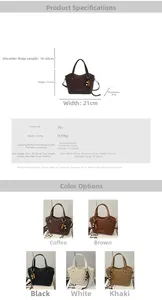 Detailed view of woven bucket bag dimensions and five available color options