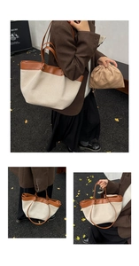 Canvas and brown leather tote bag set shown in a stylish street style commute setting