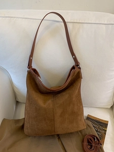 Caramel brown suede hobo tote bag for women with dual adjustable shoulder straps
