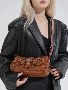 Punk Rivet Crossbody Bag PU Croc Embossed Underarm Shoulder Bag Y2K Vintage Rock Style Metal Buckle Handbag For Women