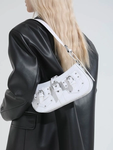 White crocodile pattern underarm bag with punk rivets and adjustable metal buckles