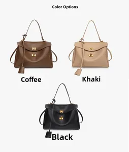 Three minimalist soft leather shoulder bags in black, coffee, and khaki with gold buckles