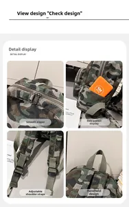 Vue détaillée du mini sac à dos camo avec fermetures éclair et bretelles réglables