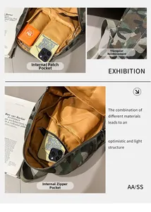 Détails du mini sac à dos camouflage avec poche intérieure zippée et sangles renforcées