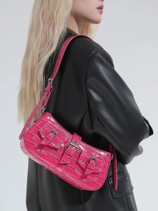 Retro punk rose red crocodile pattern underarm bag with decorative metal buckles