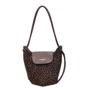 Minimalist leopard print bucket bag with brown leather trim and thin shoulder strap