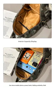 Vue intérieure d'un sac à dos camouflage avec doublure orange et compartiments spacieux