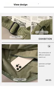 Détail de la sacoche en toile vert armée avec bandoulière réglable et poche zippée interne