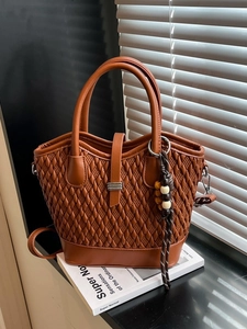 Women Woven Texture PU Leather Handbag Vintage Solid Color Crossbody Shoulder Bag With Bead Pendant Chic Bucket Tote Bag