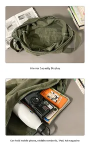Détail intérieur spacieux avec poche zippée d'un sac bandoulière en toile vert foncé