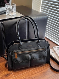 Large capacity black PU leather multi-pocket tote bag with adjustable shoulder strap