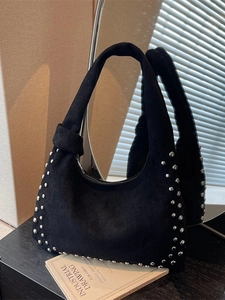 Retro Large Capacity Women Flannel Shoulder Bag With Silver Rivets Knotted Strap Fashion Commuting Hobo Underarm Bag
