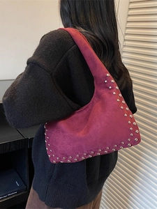 Burgundy suede hobo bag with silver studs, stylish oversized shoulder bag for women