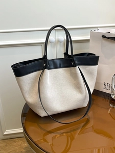 Women Canvas Faux Leather Stitching Tote Bag Large Capacity Commuter Shoulder Bag With Drawstring Pouch Casual Handbag