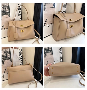 Detailed views of beige leather tote bag with gold twist-lock and protective base studs