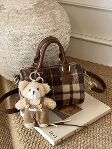 Chic retro plaid Boston handbag with leather handles and cute plush bear accessory