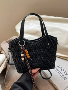 Vintage Woven Texture PU Leather Bucket Bag For Women Retro Commuter Tote Handbag With Wood Beads Tassel Shoulder Crossbody Bag