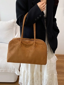 Caramel suede Boston bag large capacity shoulder tote handbag for commuting outfits