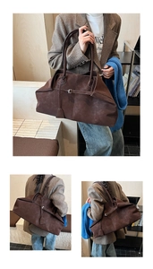 Macro shot of dark brown suede tote bag details with long straps and belt buckle detail