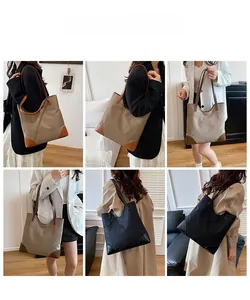 Detailed views of a large-capacity tote bag in khaki and black with leather handles
