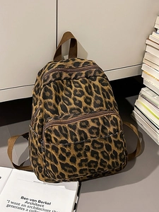 Mini sac à dos léopard pour femme en toile vintage avec poche avant zippée et sangles brunes