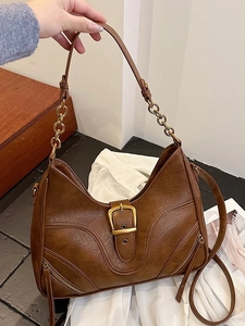 Women Vintage PU Leather Hobo Shoulder Bag Large Capacity Crossbody Bag With Gold Chain Stitching Decoration For Commute Daily