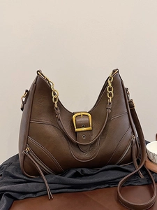 Retro dark brown hobo shoulder bag with gold chain strap and large buckle detail
