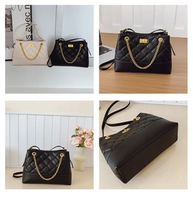 Quilted tote bag detail featuring gold chain strap and turn-lock in black and beige